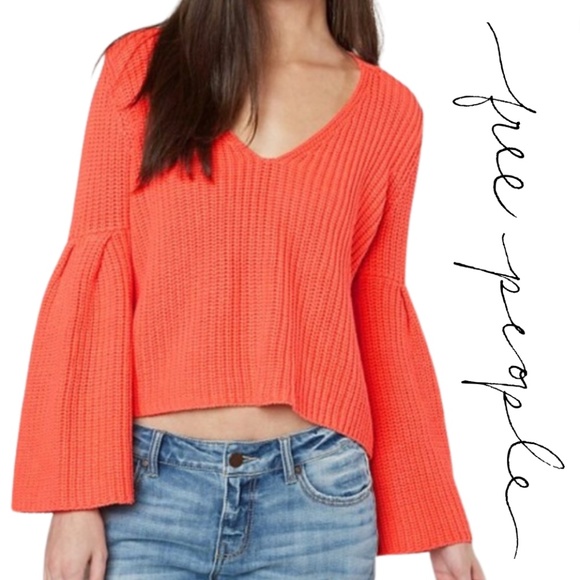 Free People Sweaters - FREE PEOPLE Orange Damsel Flared Sleeve Knit Sweater Living Coral